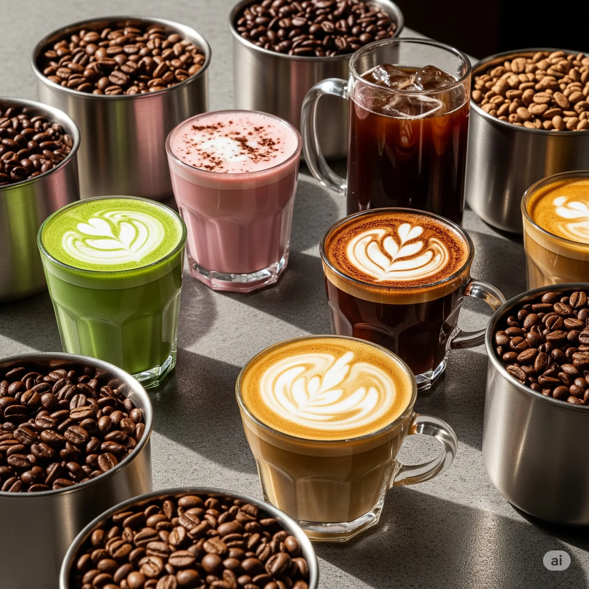 Variety of trendy coffee drinks and beans
