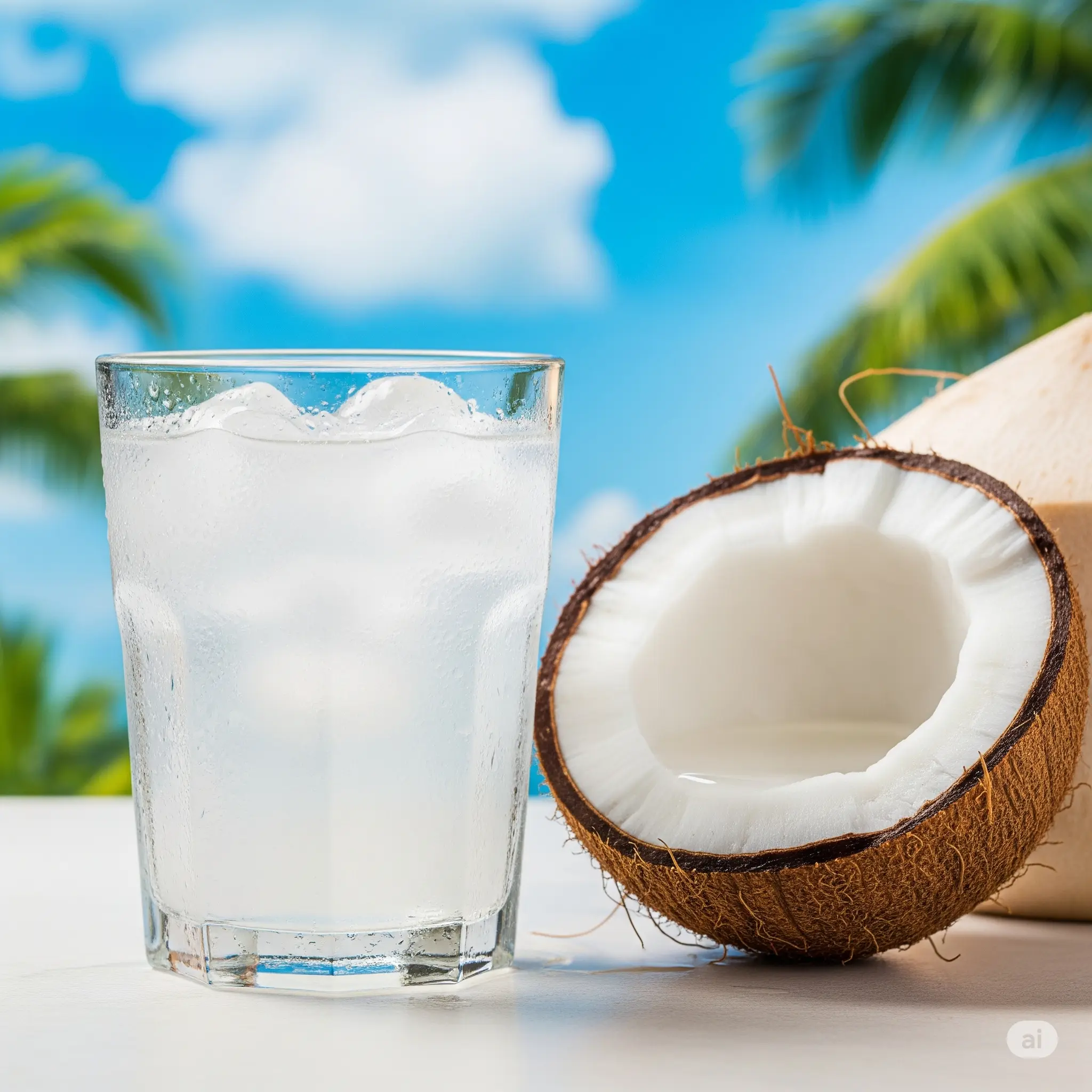 Chilled glass of coconut water next to a cracked open coconut